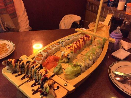 Godzilla, Red Dragon,Green Dragon,Spicy Tuna, and California rolls.