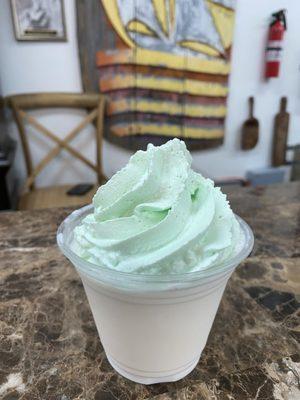 9oz Kids size frappe with St Patrick's day green whip