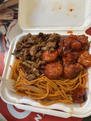 Chow mein with teriyaki chicken and general tso's chicken