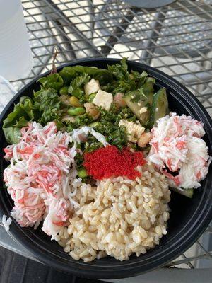 Shrimp, tofu bowl with half brown rice and half spring mix