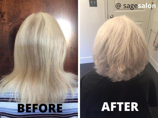 This client wanted to brighten her gray/white hair and get a new layered cut. I think it turned out fantastic!