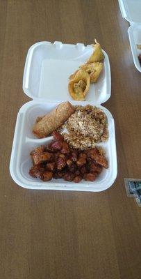 Kung Pow Chicken with Fried rice, Spring roll and crab Rangoon (5). About $9 (Amazing meal)