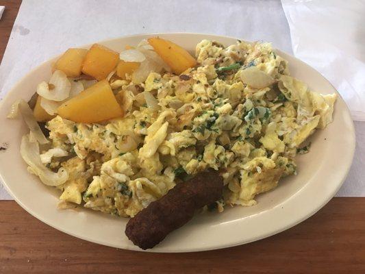 Breakfast- scrambled eggs with parsley and house potatoes