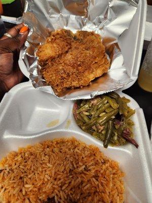 Fried Pork Chop, Red rice, Green Beans