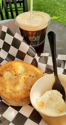 My lunch!  Steak and Mushroom pie, peach whiskey barrel cold brew