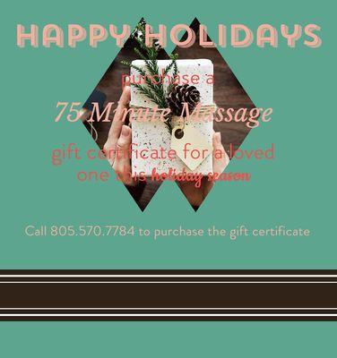 Purchase a 75 minute holiday inspired massage and receive 10% off your next massage! Offer expires Dec 13, 2020.