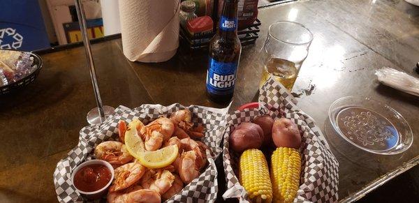 Steamed Royal Red Shrimp with red potatoes and corn on the cob