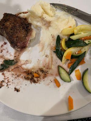 Medium steak, mashed potatoes, and veggies.