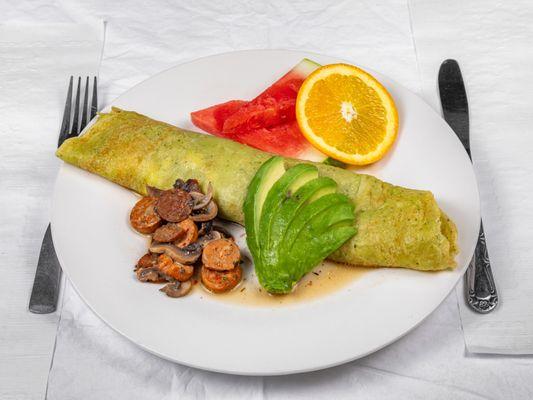 Egg white crepe with mushroom, chicken sausage and avocado