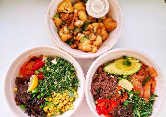 Sesame Surprise (left), Cauliflower Wings (top), and Avocado Bulgogi Bowl (right)