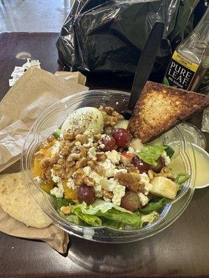 Fruit & Feta salad with mix of spinach and romaine & added HB egg and Tofu with white balsamic dressing on the side.