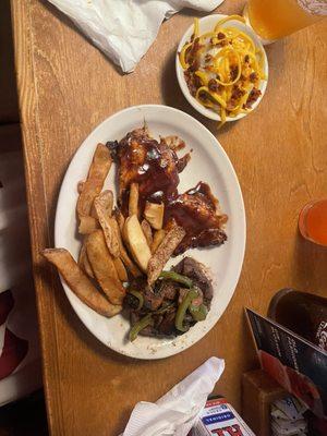 Grilled BBQ Chicken & Sirloin 6oz  Steak Fries  Mashed Potatoes