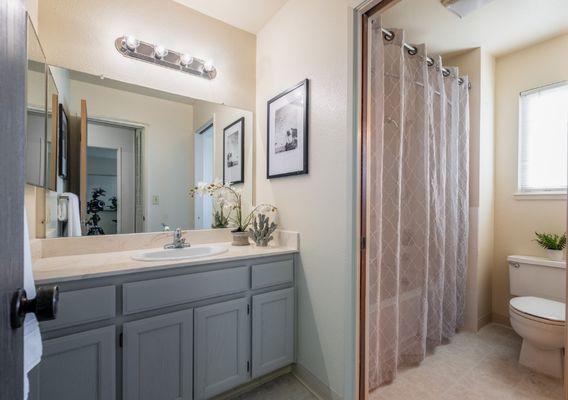 Guest vanity into bathroom