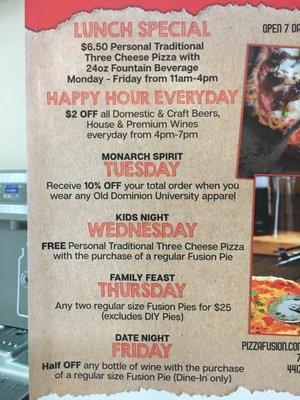 Pizza Fusion Daily Specials Monday-Friday