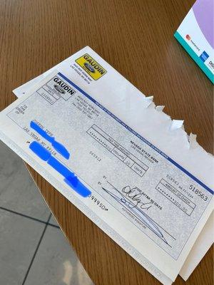 The check for the $500 they gave me back after selling my car