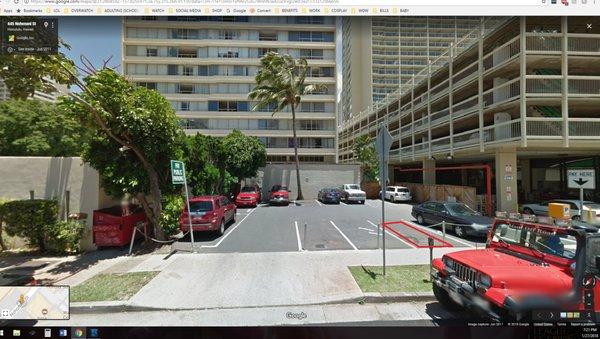 400 Nohonani Street in Waikiki, red is where my car was. This is a google map photo & they have since installed a camera on pay box.