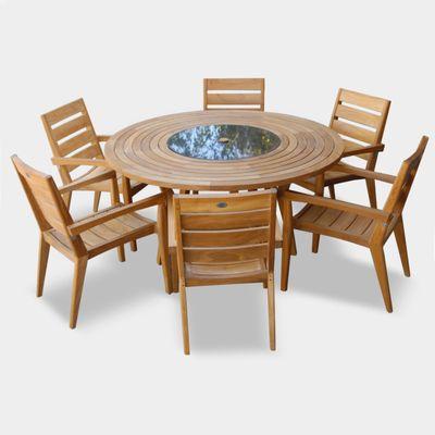 Mid-century Teak Round table with Granite lazy susan and stacking chairs