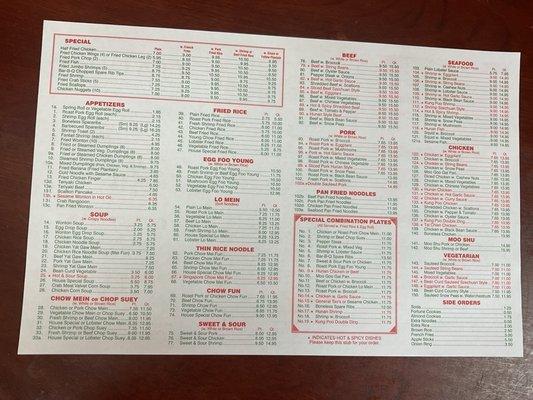 Flip side of the menu.