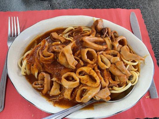 Squid over Linguini in Red Sauce