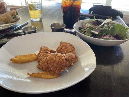 Chicken tenders, French fries, and a spring salad.