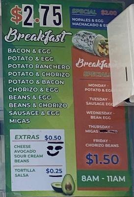 Breakfast taco/ burrito menu