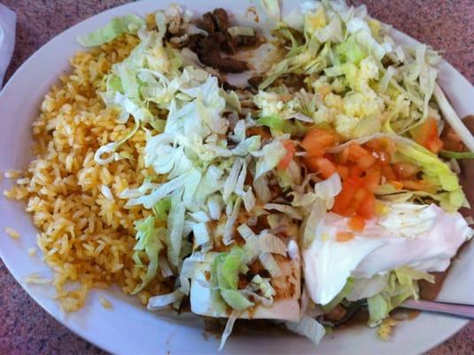 Asada burrito with beans and rice