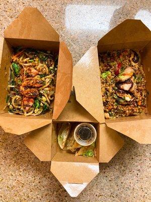 Bacon veggie dumplings, mushroom drunken noodle with pork, bacon bourbon fried rice with chicken. Excellent take out in JC.