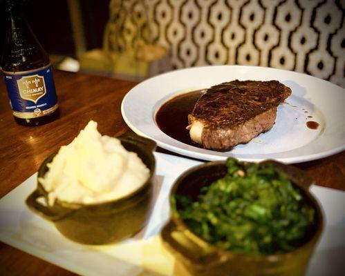 Ribeye, mashed potatoes, spinach