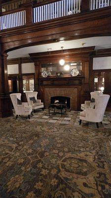 Grand fireplace in the main lobby.