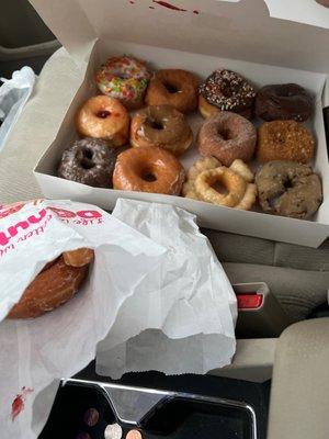 Dozen donuts, cinnamon roll and mini kolaches!