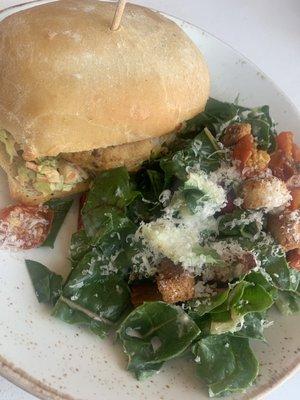 Daily special crab and lobster cake sandwich, with Caesar salad.