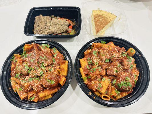 Sunday gravy with rigatoni, meatballs, sausage and pork. Ricotta cheese pie and side of homemade Italian sausage.