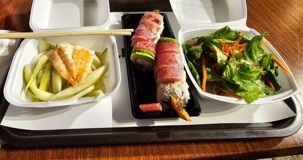 Cucumber Salad, Tuna Tataki Roll, and complementary house salad.