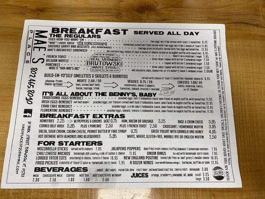 Breakfast all day menu