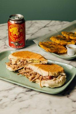 Cuban sandwich, tostones, and Iron Beer