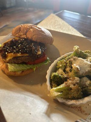 Bacon jam burger and roasted broccoli (veggie of the day)