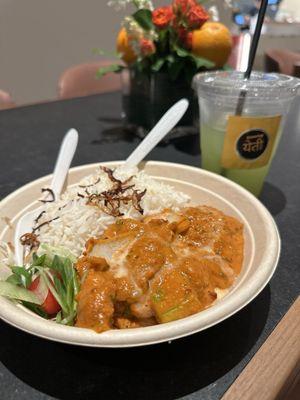 Chicken Tikka Masala with Rice and Green mango refresher