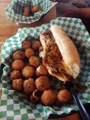 Philly cheese steak and fried mushrooms