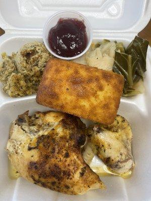 Baked Chicken with dressing and cabbage. Cornbread and cranberry sauce.