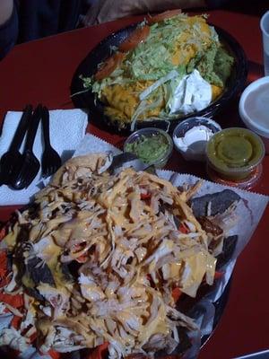 Chicken nachos and smothered chicken burrito