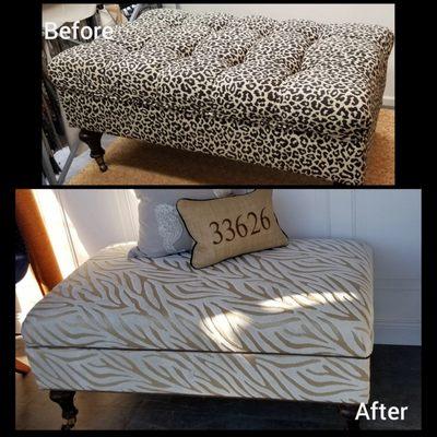 A Before & After of an Ottoman we Reupholstered for a client!