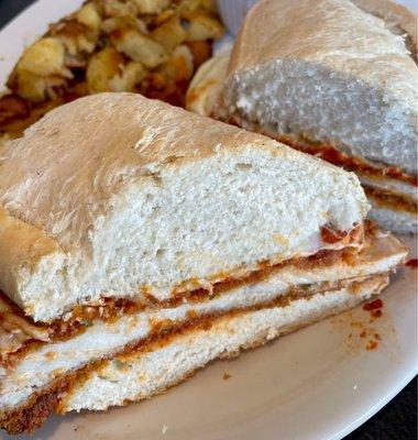 Chicken Parmesan Sandwich slice in 2 to see the pounded, juicy chicken.