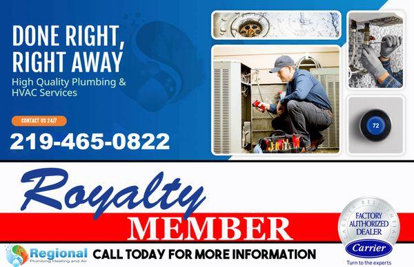 Become a Royalty Member to get discounts on Plumbing or Heating repairs, HVAC Tune Ups, and More! Call today for more info!