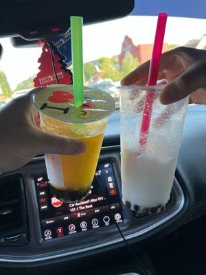 Mango slushy with tapioca and coconut slushy with tapioca .