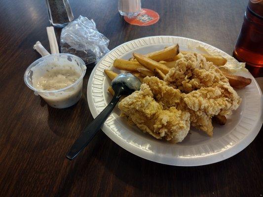 A shot of gravy 2 small strips and fries because they didn't have Hash browns for dinner on a Monday