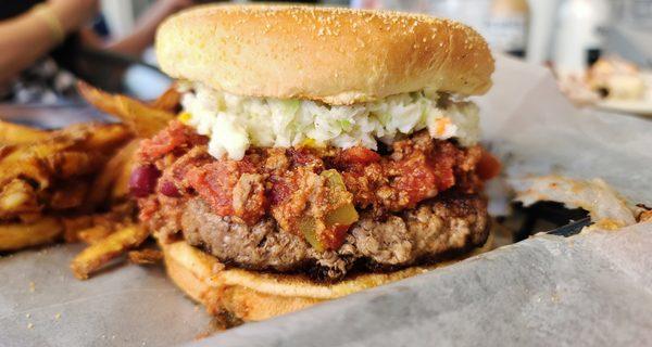 Carolina Burger, chili, mustard, onion, slaw