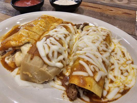 Lunch special #14: chimichanga, enchilada, and tamale. Reasonably priced, and tasted very good!