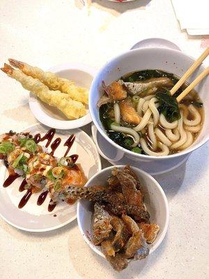 Salmon skin udon, lobster rolls, shrimp tempura