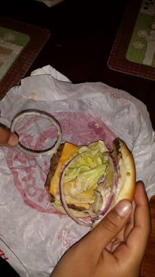 Jr. Cheeseburger Deluxe w/ a HAIR TIE! Disgusting!!