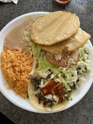 GORDITA DE CARNE ASADA WITH ASADA TACO COMBO! That red sauce is FIRE DELICIOUS!